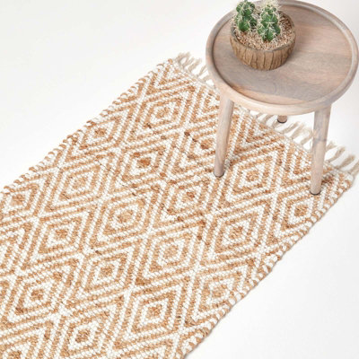 Homescapes Sierra Neutral Diamond Pattern Hemp Chindi Rug, 66 X 200 Cm Grey/White