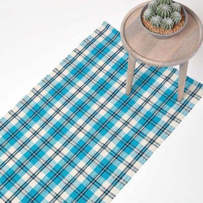 Homescapes Blue Irvine Handwoven Tartan 100% Cotton Rug, 66 X 200 Cm