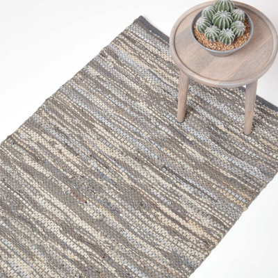 Homescapes Grey Denver Leather Woven Rug 90 X 150 Cm