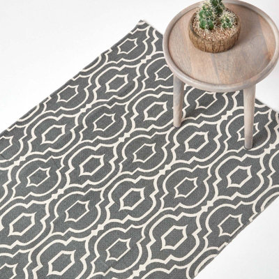 Homescapes Riga And 100% Cotton Printed Patterned Rug, 90 X 150 Cm Grey/White