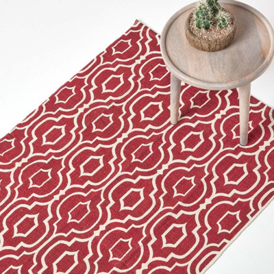Homescapes Riga And 100% Cotton Printed Patterned Rug, 90 X 150 Cm Red/White