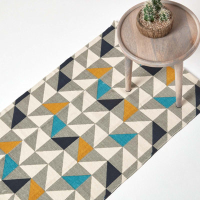Homescapes Copenhagen BlueYellow And Grey 100% Cotton Geometric Style Scandi Printed Rug66 X 200 Cm from B&Q