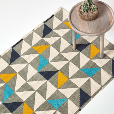 Homescapes Copenhagen BlueYellow And Grey 100% Cotton Geometric Style Scandi Printed Rug90 X 150 Cm from B&Q