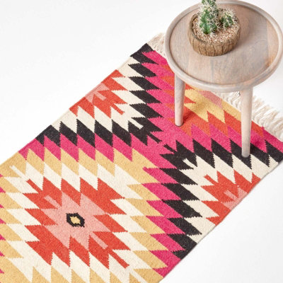 Homescapes Jakarta Handwoven PinkOrange And Yellow Multi Coloured Geometric Pattern Kilim Wool Rug66 X 200 Cm from B&Q