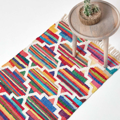 Homescapes White/Dark Amsterdam Handwoven Multi Coloured 100% Cotton Chindi Kilim Rug, 66 X 200 Cm