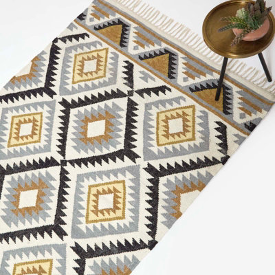 Homescapes Agra Handwoven Ochre And Black Diamond Pattern Kilim Wool Rug, 120 X 170 Cm Gold/Silver/Grey