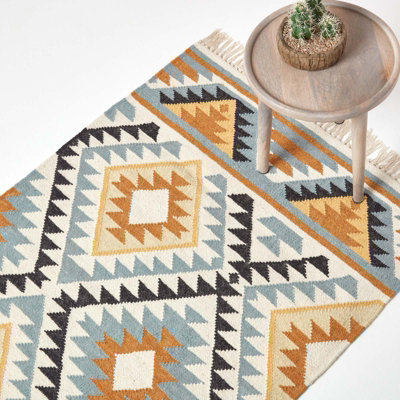 Homescapes Agra Handwoven Ochre And Black Diamond Pattern Kilim Wool Rug, 160 X 230 Cm Gold/Silver/Grey