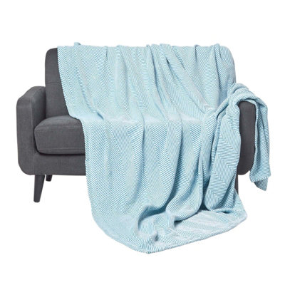 Homescapes Grey Cotton Halden Chevron Teal Throw, 255 X 360 Cm