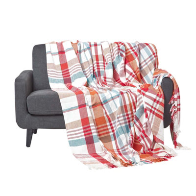 Homescapes Tartan 100% Cotton Falun Throw With Tassels, 225 X 255 Cm Red