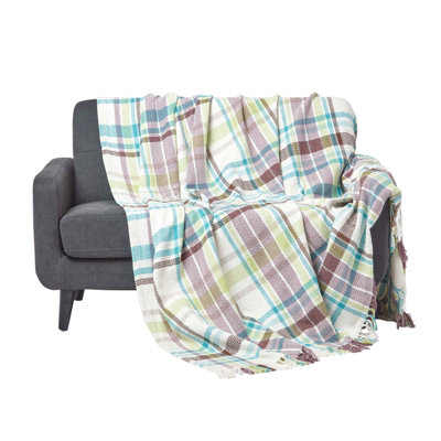 Homescapes Tartan 100% Cotton Falun Throw With Tassels, 255 X 360 Cm Green
