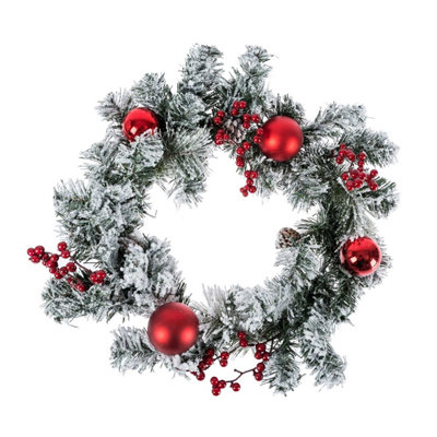 B&Q -  Frosted Large Artificial Fir Branch Christmas Wreath With Red Baubles19 Inch