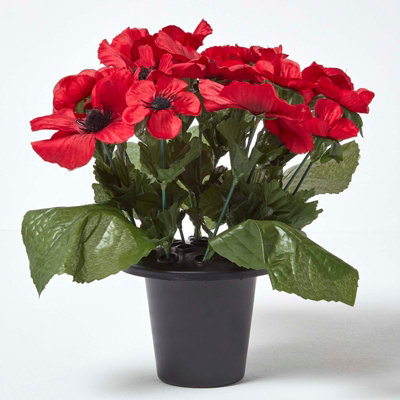 Homescapes Artificial Red Handcrafted Poppy Flower Arrangement In Grave Pot30 X 25 Cm from B&Q