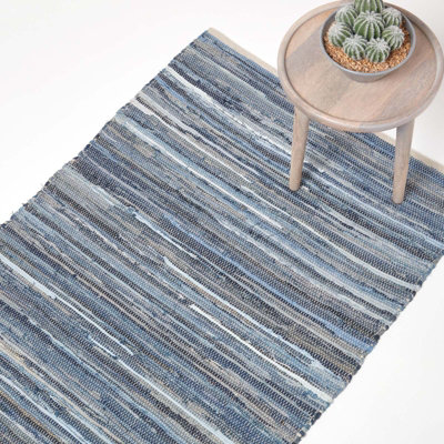 Homescapes Blue Denim Handwoven Striped Chindi Rug, 70 X 120 Cm