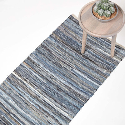 Homescapes Denim Handwoven Striped Chindi Rug, 66 X 200 Cm Blue