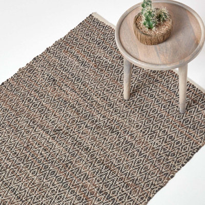 Homescapes Real Leather Handwoven Diamond Pattern Rug, 120 X 180 Cm Brown