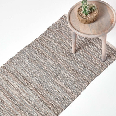 Homescapes Real Leather Handwoven Diamond Pattern Rug, 66 X 200 Cm Grey
