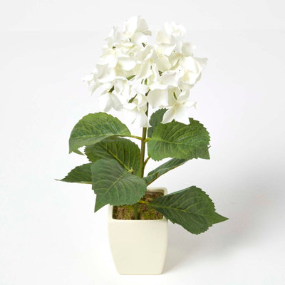 Homescapes Artificial Handcrafted Small Hydrangea Flower In Pot, 38 Cm Cream