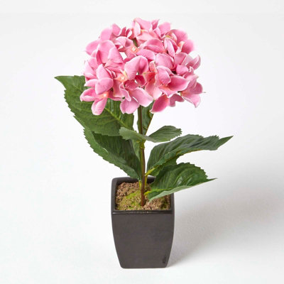 Homescapes Artificial Handcrafted Small Hydrangea Flower In Pot, 38 Cm Pink/Black