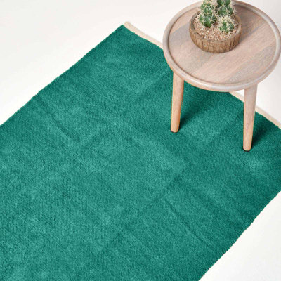 Homescapes Teal 100% Cotton Plain Chenille Rug With Natural Trim, 90 X 150 Cm Green