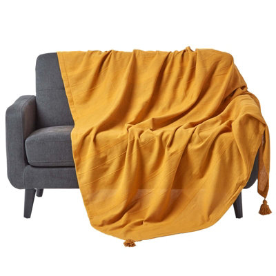 Homescapes Cotton Rajput Ribbed Mustard Throw, 255 X 360Cm