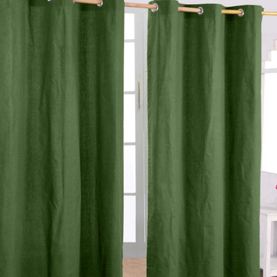 Homescapes Dark/Green Cotton Plain Olive Ready Made Eyelet Curtain Pair, 117 X 137Cm