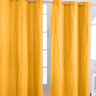 Homescapes Yellow Cotton Plain Mustard Ready Made Eyelet Curtain Pair, 117 X 137Cm