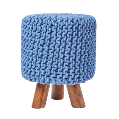 B&Q -  Blue Tall Cotton Knitted Footstool On Legs