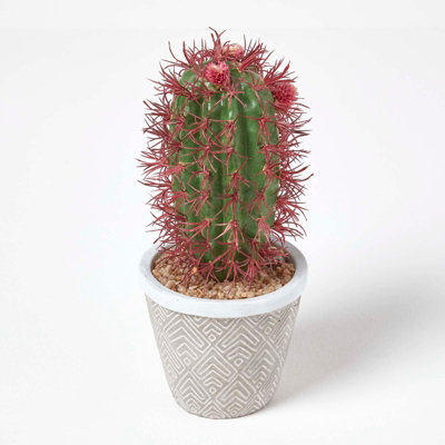 Homescapes Artificial Handcrafted Denmoza Cactus With Flowers In Patterned Pot, 25 Cm Green