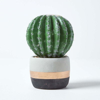 Homescapes Artificial Handcrafted Barrel Cactus In Contemporary Stone Pot, 19 Cm Green/Golden