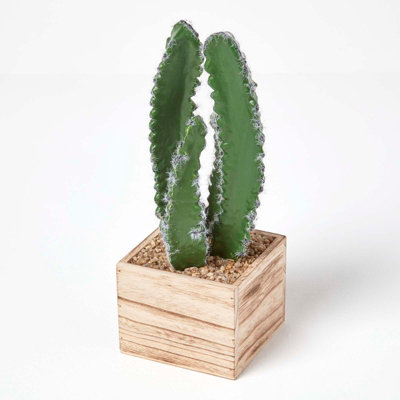 Homescapes Artificial Handcrafted Cactus Plant In Wooden Pot, 33 Cm Green