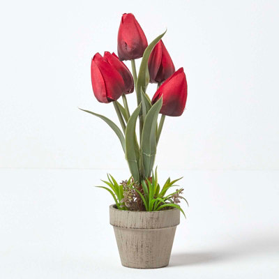Homescapes Artificial Handcrafted Tulips In Decorative Stone Pot, 27 Cm Dark/Red/Grey