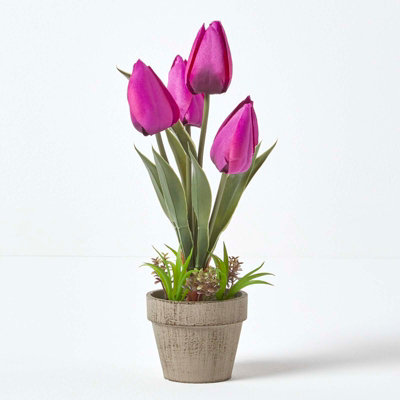 Homescapes Artificial Handcrafted Tulips In Decorative Stone Pot, 27 Cm Dark/Purple/Grey