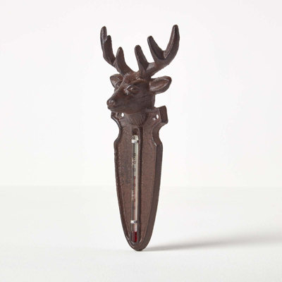 Homescapes Brown Wall Mounted Cast Iron Stag Garden Thermometer from B&Q