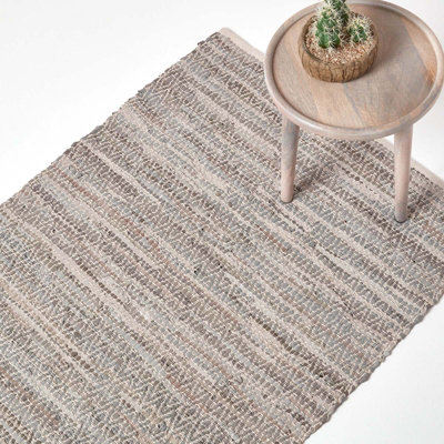 B&Q -  Grey Real Leather Handwoven Diamond Pattern Rug150 X 240 Cm