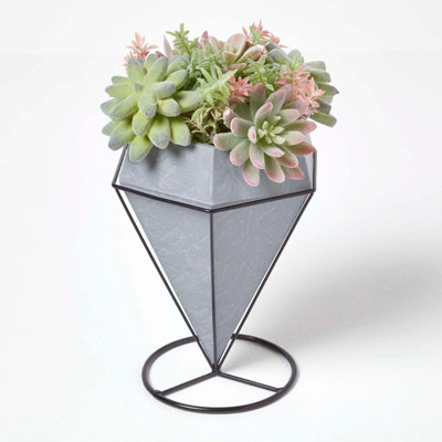Homescapes Artificial Green Handcrafted Cactus & Succulent Arrangement In Decorative Geometric Grey Pot31 Cm