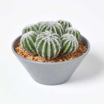 Homescapes Artificial Handcrafted Barrel Cactus Arrangement In Round Pot, 17 Cm Green/Grey