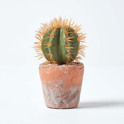 Homescapes Artificial Handcrafted Small Round Cactus In Terracotta Pot, 15 Cm Green