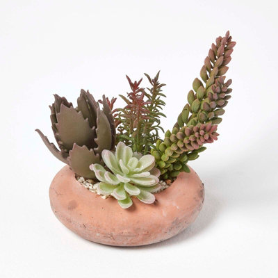 Homescapes Artificial Green Handcrafted Succulent Arrangement In Decorative Round Terracotta Pot15 Cm