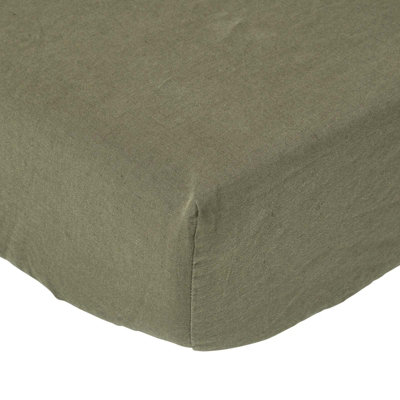 Homescapes Khaki Linen Deep Fitted Sheet, Single Green