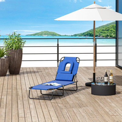 Outsunny Folding Sun Lounger Reclining Chair W/ Pillow Reading Hole Blue from B&Q