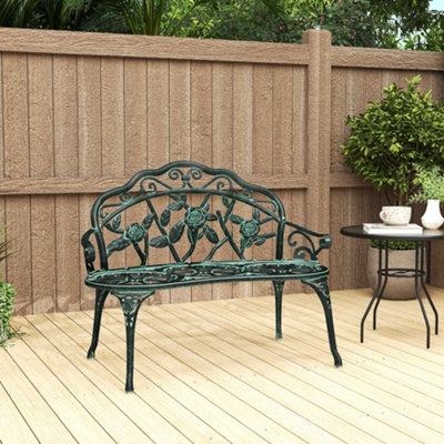 Outsunny Green Garden Bench Porch Park Chair Seater Antique Rose Style Cast Aluminium