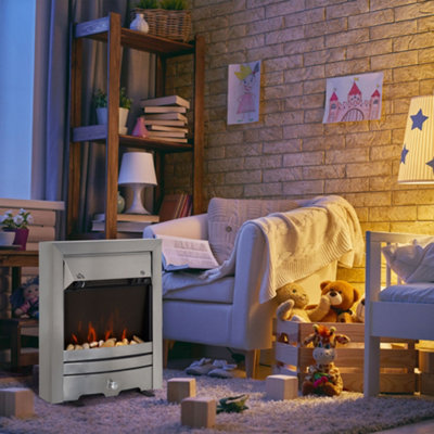 B&Q -  Electric Fireplace Stainless Steel 2Kw Heater Led Fire Flame Silver