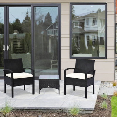 Outsunny 3Pc Garden Rattan Bistro Set With Glass Top TableBlack
