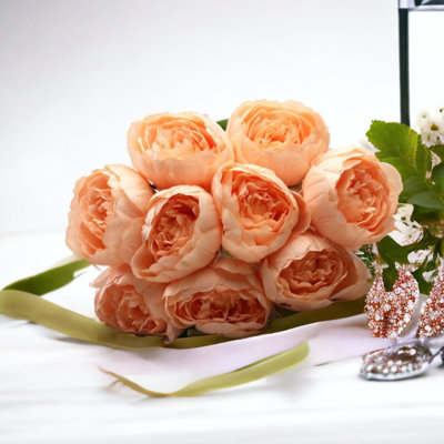  - Artificial Silk Peony Bunch. Peach. 9 Heads. 40 Cm