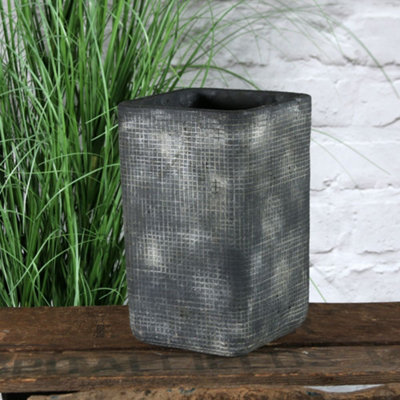 Tall Dark Grey Rustic Ceramic Plant Pot. Grid Design. No Drainage Holes. H22 X W14 Cm from B&Q