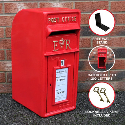 B&Q -  Royal Mail Post Box Er Cast Iron Wall Mounted Wedding Authentic Pillar Replica Lockable Post Office Letter Box Red