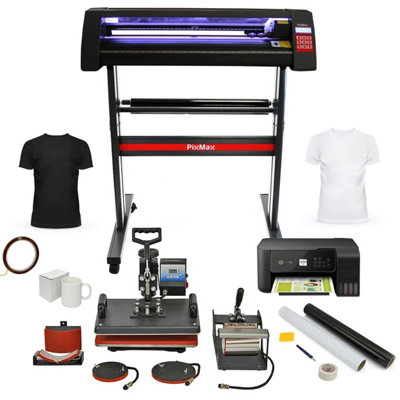 Monstershop 5 In 1 Heat Press With Led Lit Vinyl Cutter, Printer And Accessories Complete Business Start Up Sublimation Bundle Kit White/Black