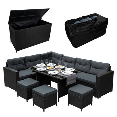 Jardí Black Rattan Corner Furniture Set & Large Garden Storage Box from B&Q