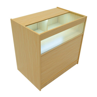 MonsterShop Maple Shop Counter Led Light B 900mm Lockable Sliding Doors 2 Keys Retail Storage Unit Display Showcase Cabinet Reception Desk from B&Q