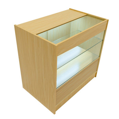 MonsterShop Maple Shop Counter Led Light C 900mm Lockable Sliding Doors 2 Keys Retail Storage Unit Display Showcase Cabinet Reception Desk from B&Q